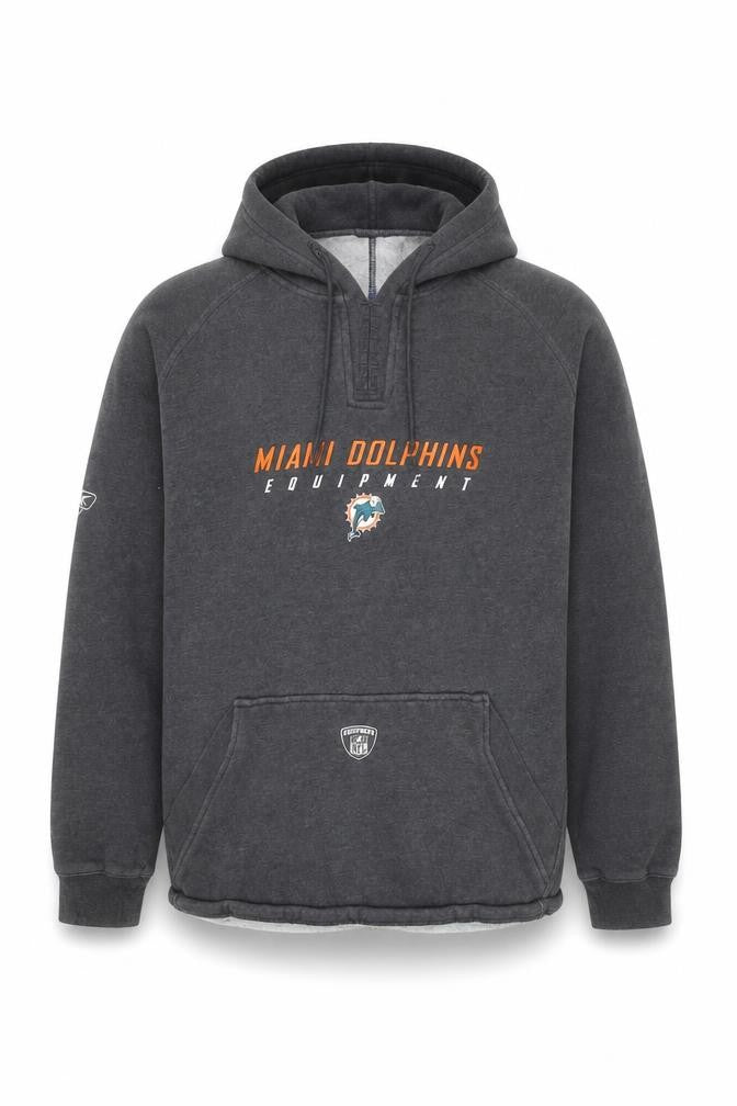 Front view of Reebok Men’s Grey Miami Dolphins Pullover Hoodie, size L, Sports NFL