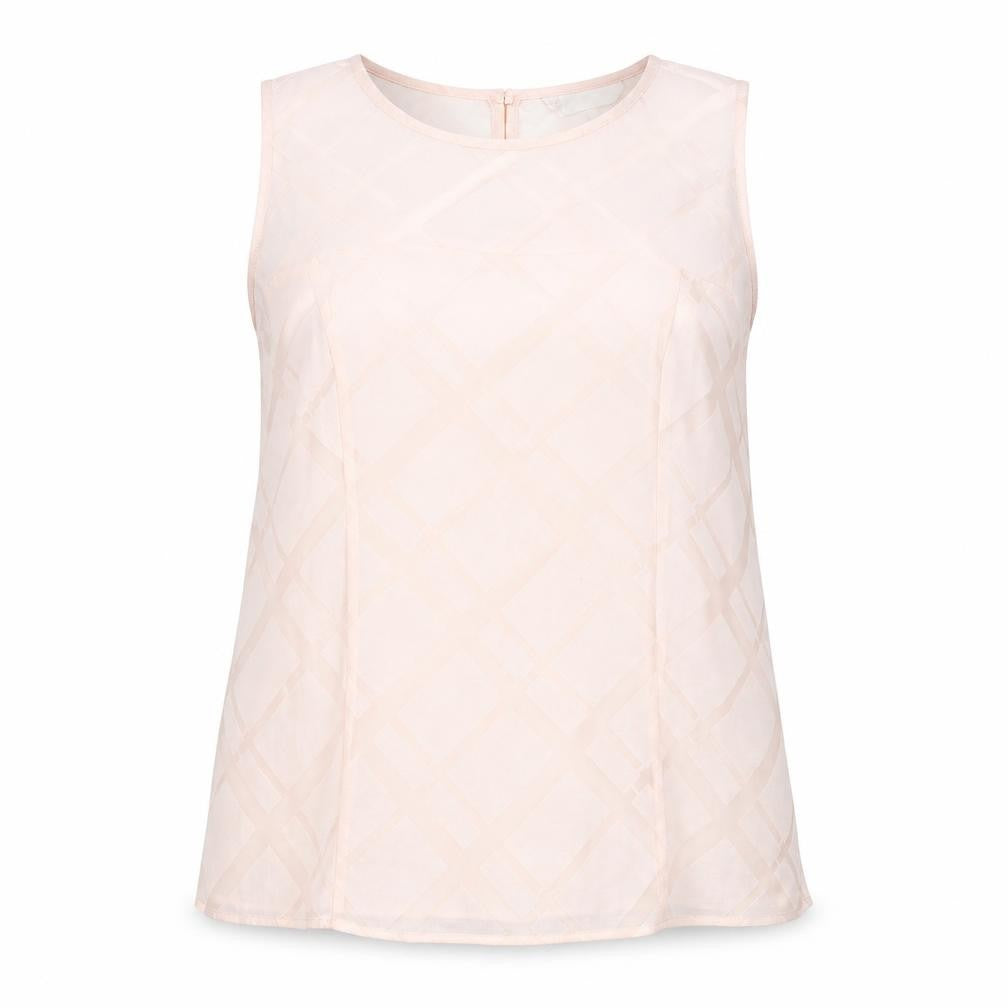 Front view of Principles by Ben de Lisi Women's Beige Sleeveless Geometric Blouse, size 16