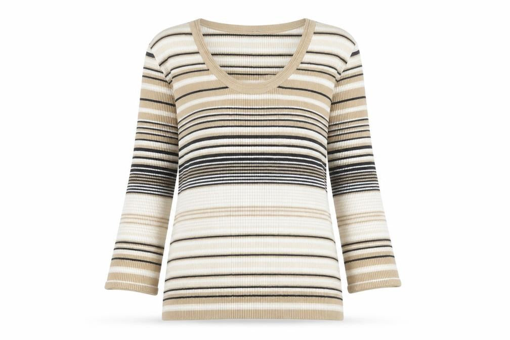 Front view of i.e. Women’s Beige Striped Scoop Neck 3/4 Sleeve jumper, size S