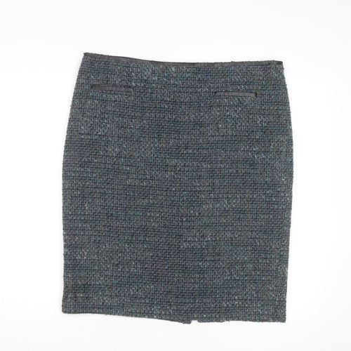 Marks and Spencer Women Blue Tweed Knee Length Wool Blend Pencil Skirt Size 16