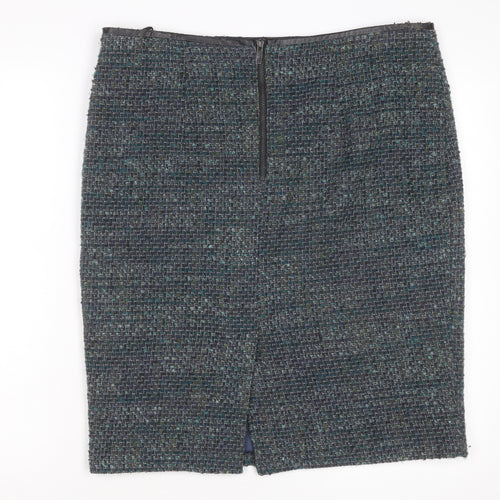 Marks and Spencer Women Blue Tweed Knee Length Wool Blend Pencil Skirt Size 16