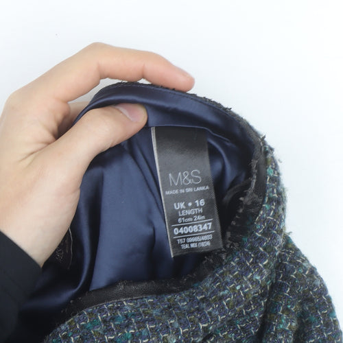 Marks and Spencer Women Blue Tweed Knee Length Wool Blend Pencil Skirt Size 16