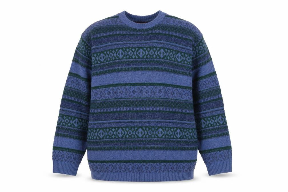 Front view of James Cowan Men's Blue Fair Isle Wool Blend Jumper L