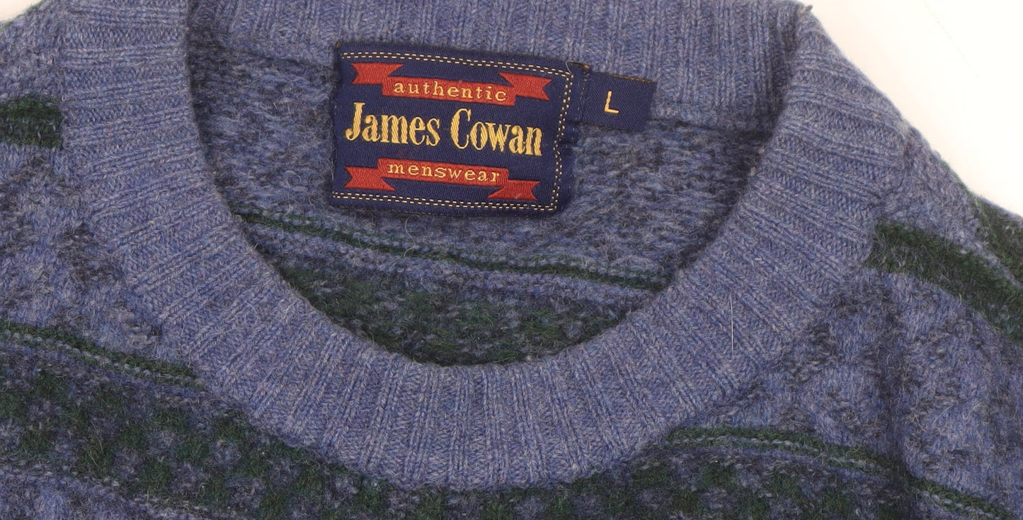 James Cowan Men's Blue Fair Isle Wool Blend Jumper L