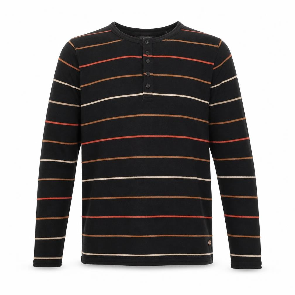 Front view of Scotch & Soda Men’s Black Striped Long Sleeve Cotton Top, size S