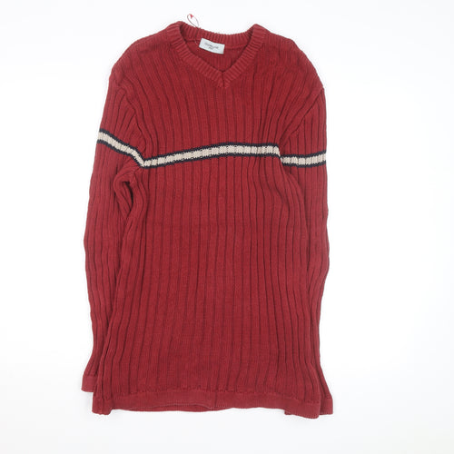 Old Ireland Utility Women's Red V-Neck Ribbed Cotton Jumper Size M