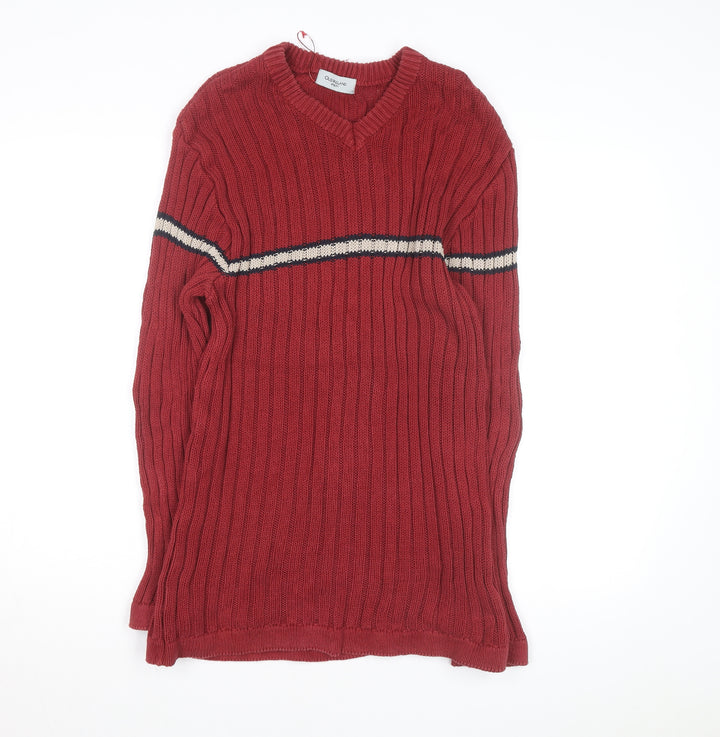 Old Ireland Utility Women's Red V-Neck Ribbed Cotton Jumper Size M