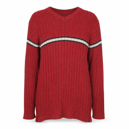 Old Ireland Utility Women's Red V-Neck Ribbed Cotton Jumper Size M
