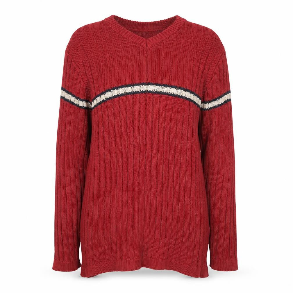 Old Ireland Utility Women's Red V-Neck Ribbed Cotton Jumper Size M