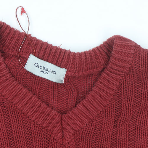 Old Ireland Utility Women's Red V-Neck Ribbed Cotton Jumper Size M