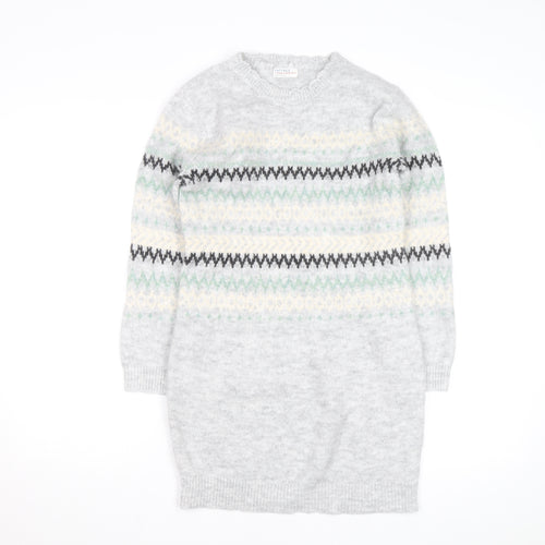FatFace Girls Grey Fair Isle Long Sleeve Knit Sweater Dress 10-11 Years