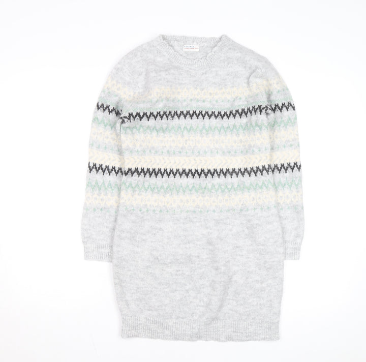 FatFace Girls Grey Fair Isle Long Sleeve Knit Sweater Dress 10-11 Years
