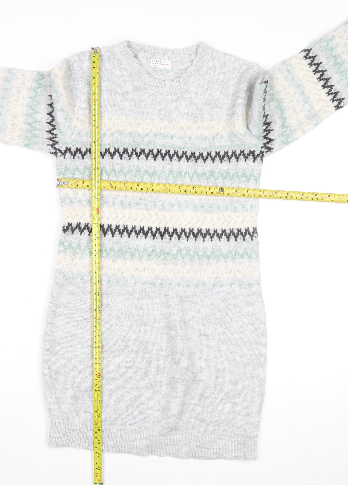 FatFace Girls Grey Fair Isle Long Sleeve Knit Sweater Dress 10-11 Years