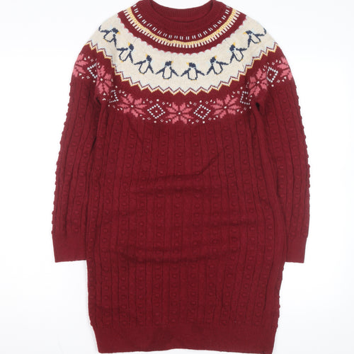 FatFace Girls Red Penguin Knit Sweater Dress 12-13 Years Winter Fair Isle