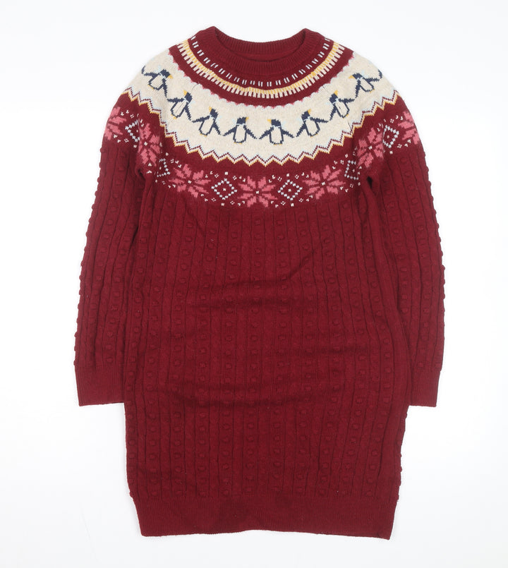 FatFace Girls Red Penguin Knit Sweater Dress 12-13 Years Winter Fair Isle
