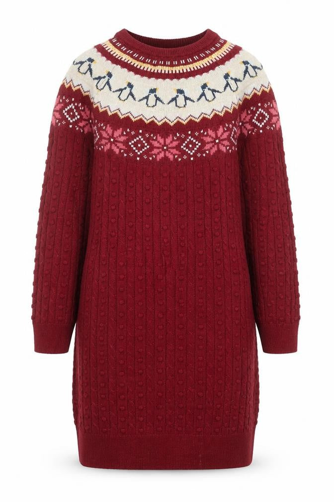 FatFace Girls Red Penguin Knit Sweater Dress 12-13 Years Winter Fair Isle