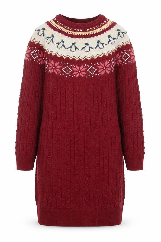 FatFace Girls Red Penguin Knit Sweater Dress 12-13 Years Winter Fair Isle