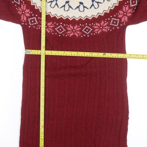 FatFace Girls Red Penguin Knit Sweater Dress 12-13 Years Winter Fair Isle