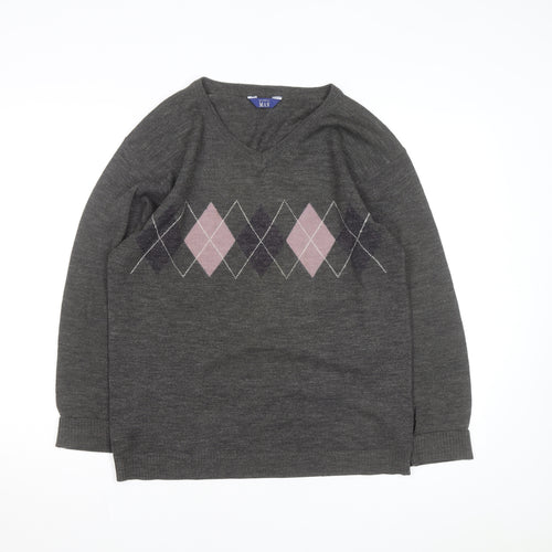 Premier Man Men's Grey Argyle V-Neck Wool Blend Jumper Size S