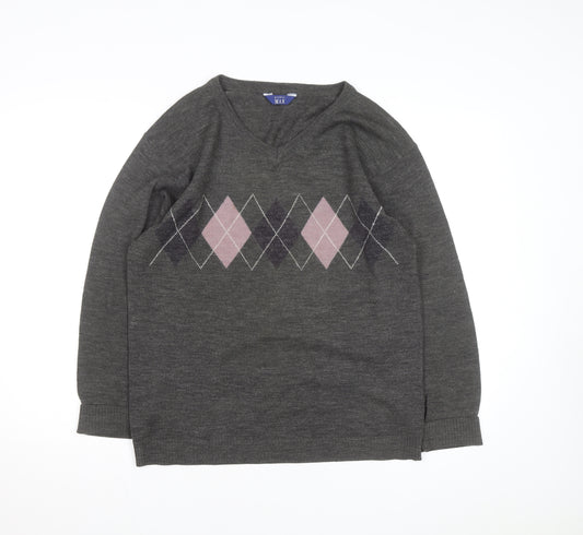 Premier Man Men's Grey Argyle V-Neck Wool Blend Jumper Size S