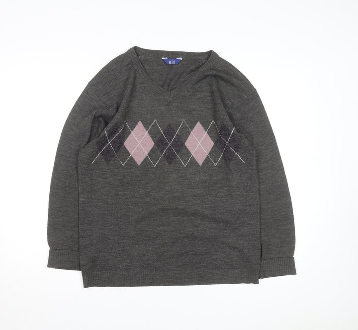 Premier Man Men's Grey Argyle V-Neck Wool Blend Jumper Size S