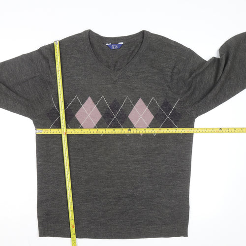 Premier Man Men's Grey Argyle V-Neck Wool Blend Jumper Size S