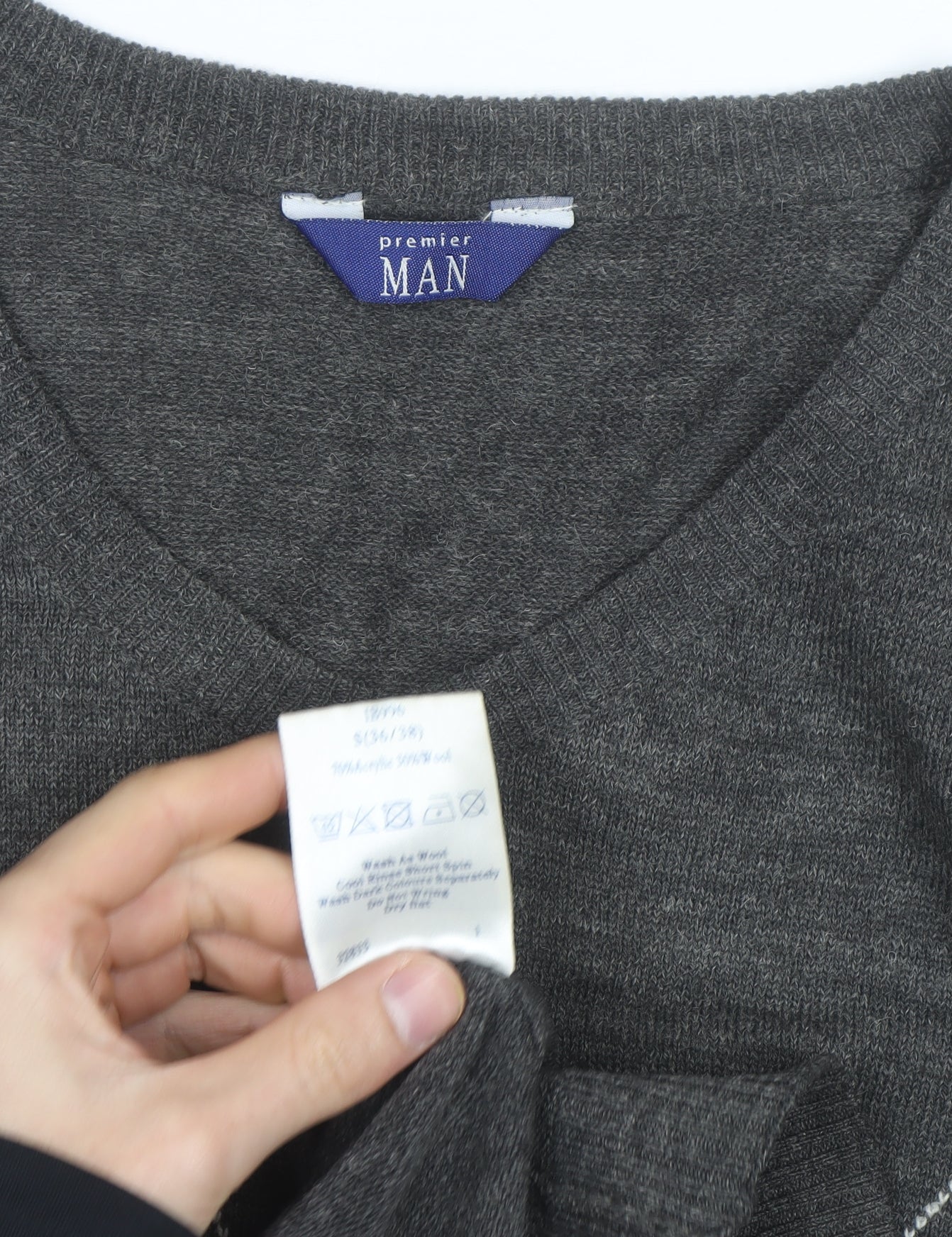 Premier Man Men's Grey Argyle V-Neck Wool Blend Jumper Size S