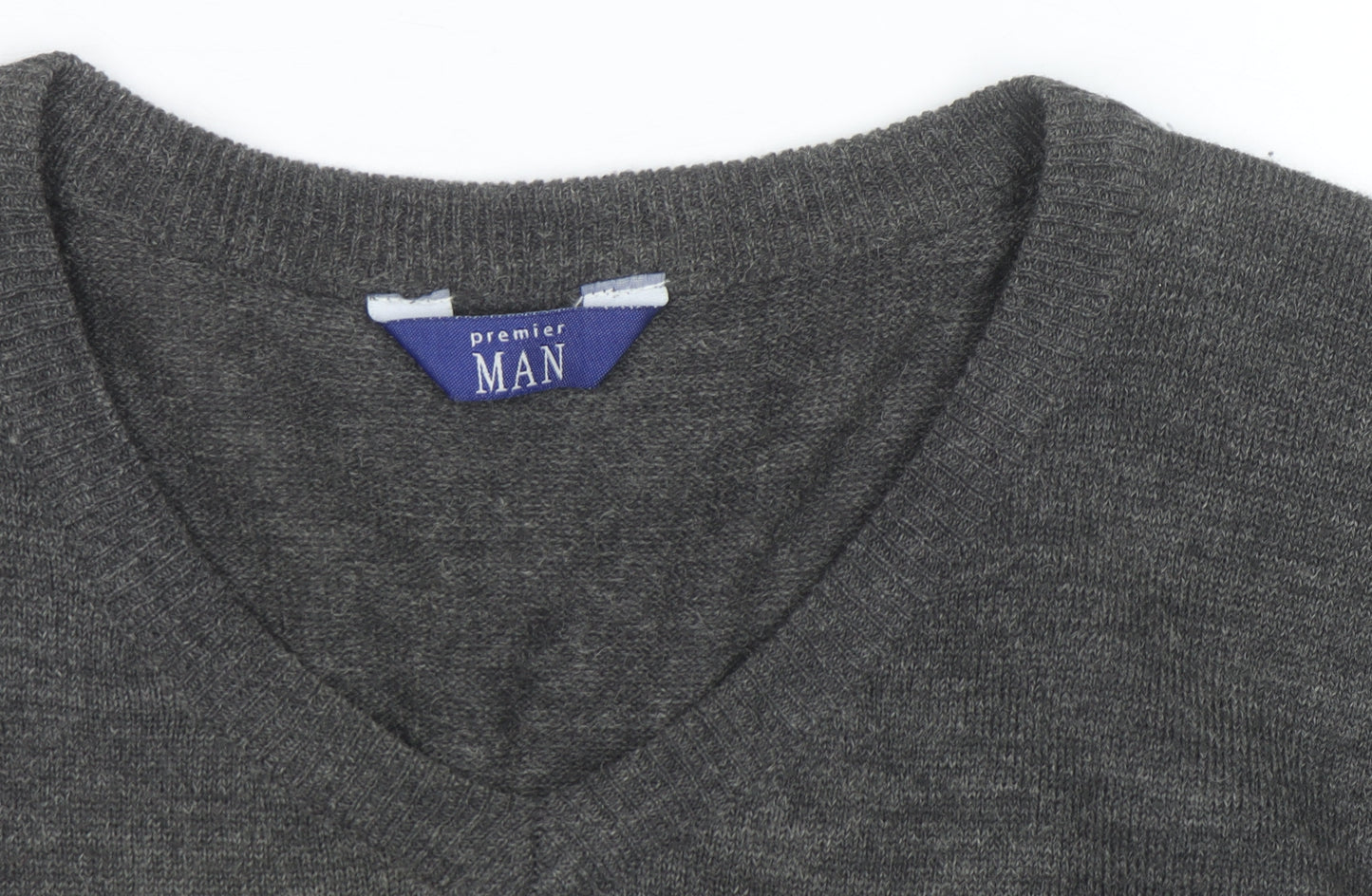 Premier Man Men's Grey Argyle V-Neck Wool Blend Jumper Size S