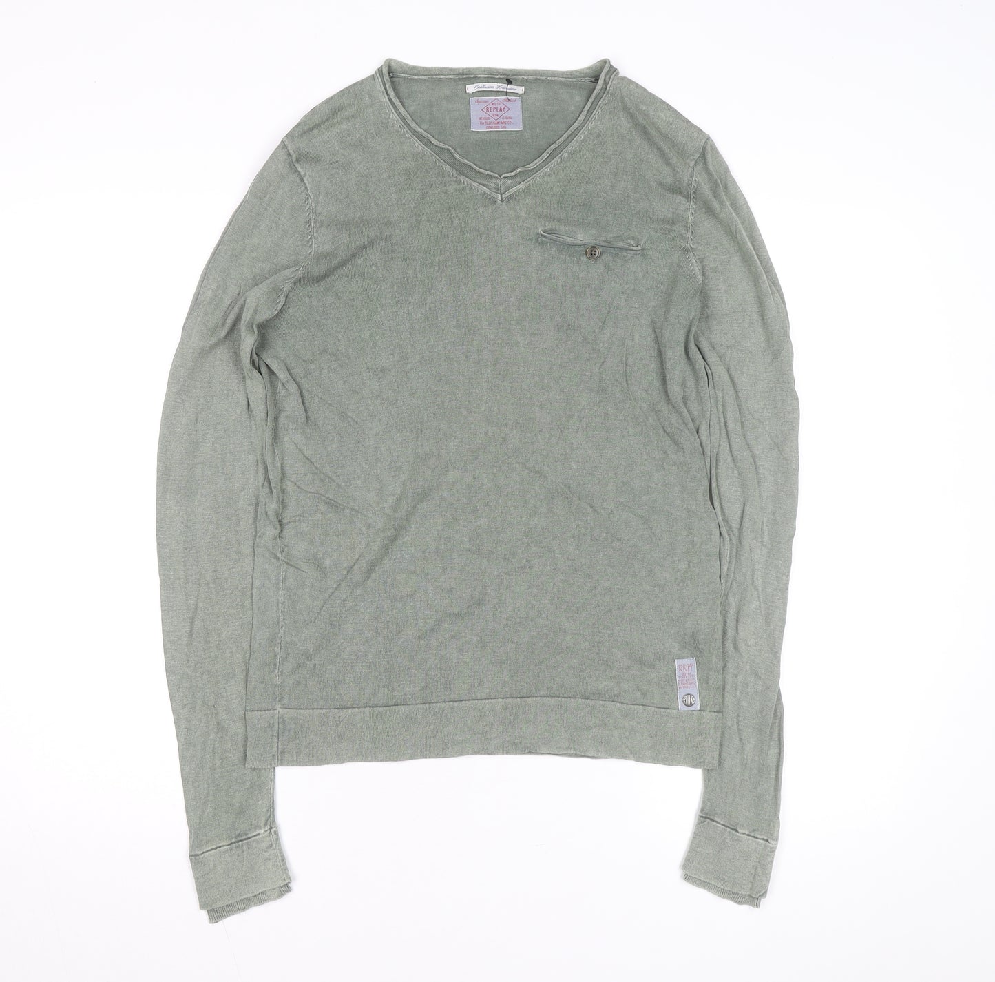Replay Men's Green Long Sleeve V-Neck Cotton Casual Top M