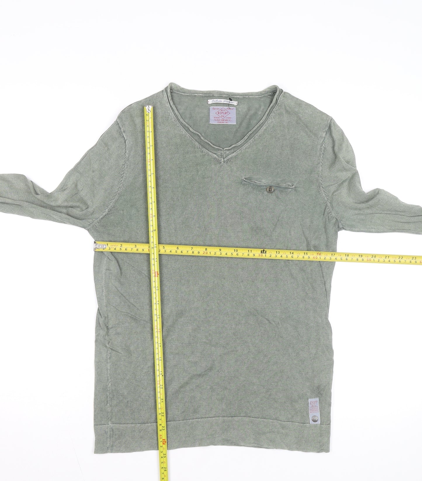 Replay Men's Green Long Sleeve V-Neck Cotton Casual Top M