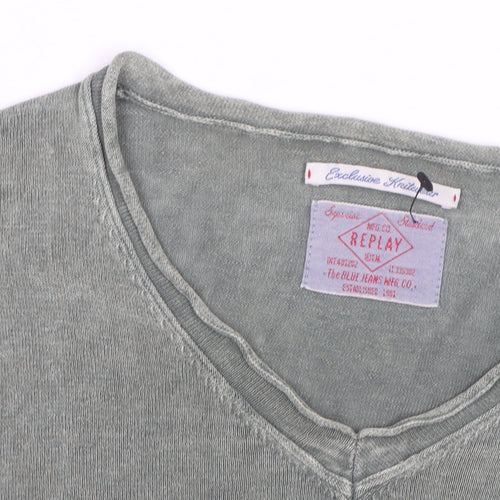 Replay Men's Green Long Sleeve V-Neck Cotton Casual Top M