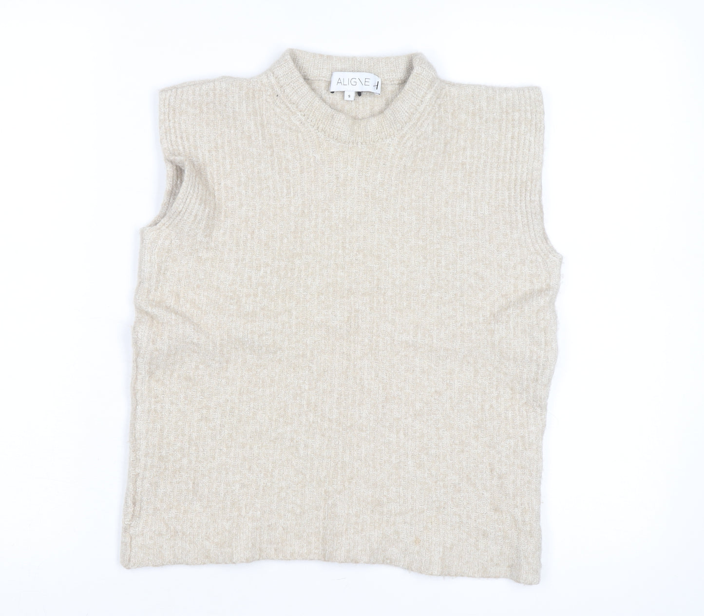 Aligne Women’s Beige Wool Blend Mock Neck Sleeveless Vest Jumper Size S
