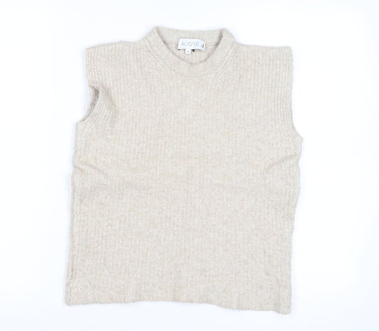 Aligne Women’s Beige Wool Blend Mock Neck Sleeveless Vest Jumper Size S