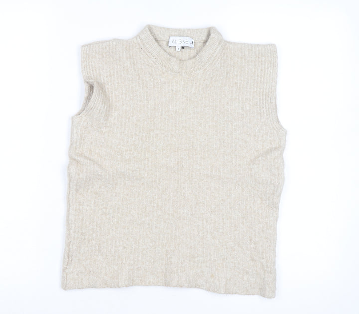 Aligne Women’s Beige Wool Blend Mock Neck Sleeveless Vest Jumper Size S