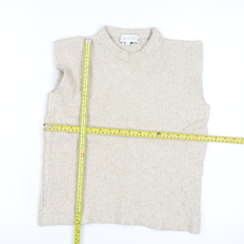 Aligne Women’s Beige Wool Blend Mock Neck Sleeveless Vest Jumper Size S