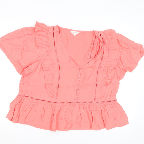 Marks and Spencer Per Una Pink Ruffle V-Neck Cotton Blouse Size 16