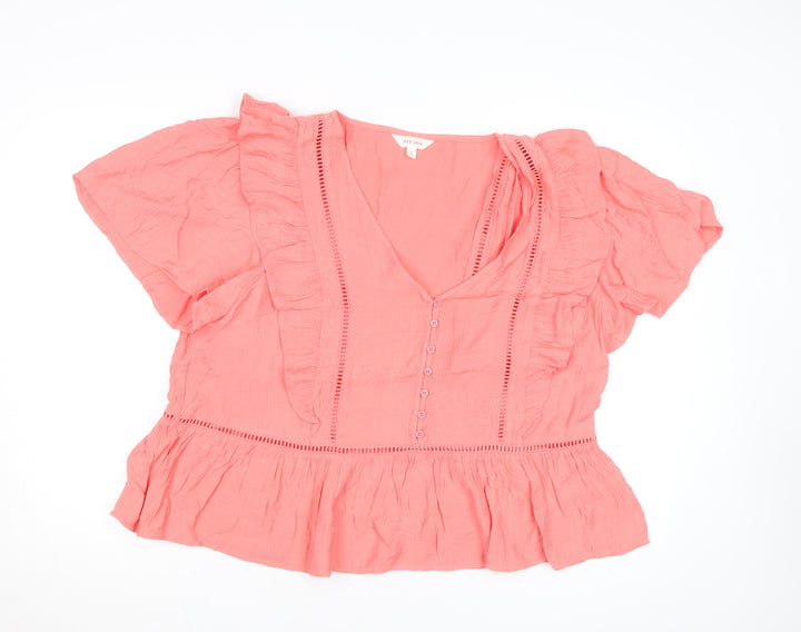 Marks and Spencer Per Una Pink Ruffle V-Neck Cotton Blouse Size 16