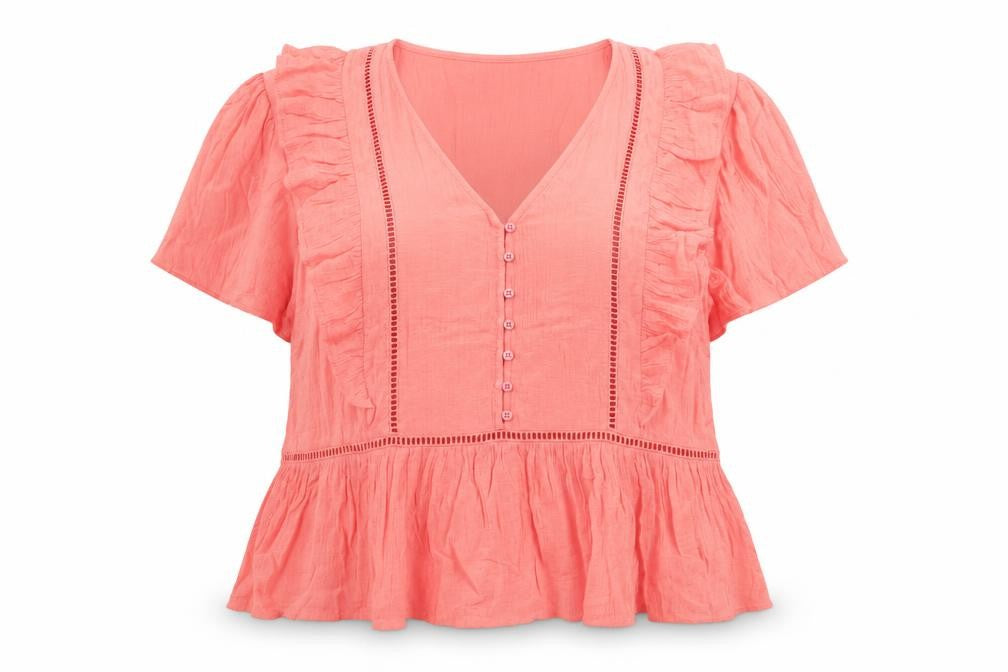 Front view of Marks & Spencer Per Una Pink Ruffle V-Neck Cotton Blouse, size 16