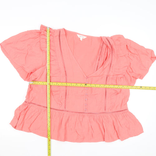Marks and Spencer Per Una Pink Ruffle V-Neck Cotton Blouse Size 16