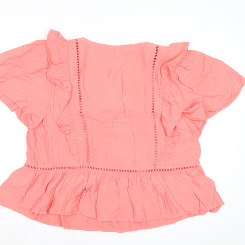 Marks and Spencer Per Una Pink Ruffle V-Neck Cotton Blouse Size 16