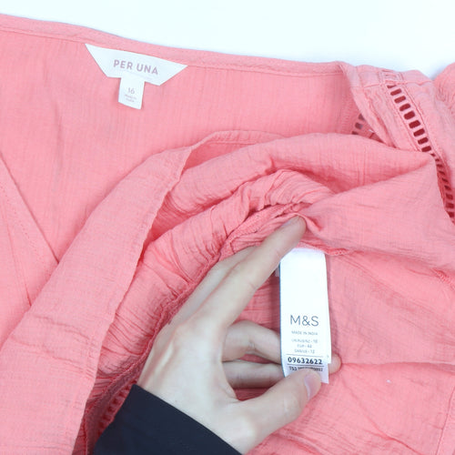 Marks and Spencer Per Una Pink Ruffle V-Neck Cotton Blouse Size 16