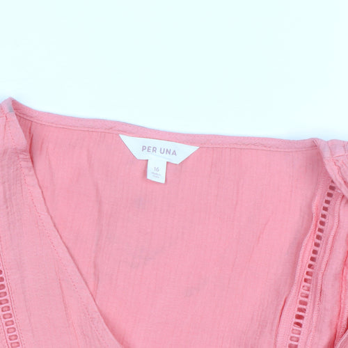 Marks and Spencer Per Una Pink Ruffle V-Neck Cotton Blouse Size 16