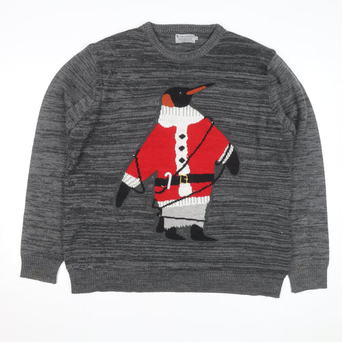 Tu Men's Grey Penguin Christmas Jumper XL Crew Neck Knit