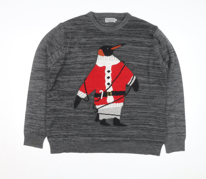 Tu Men's Grey Penguin Christmas Jumper XL Crew Neck Knit