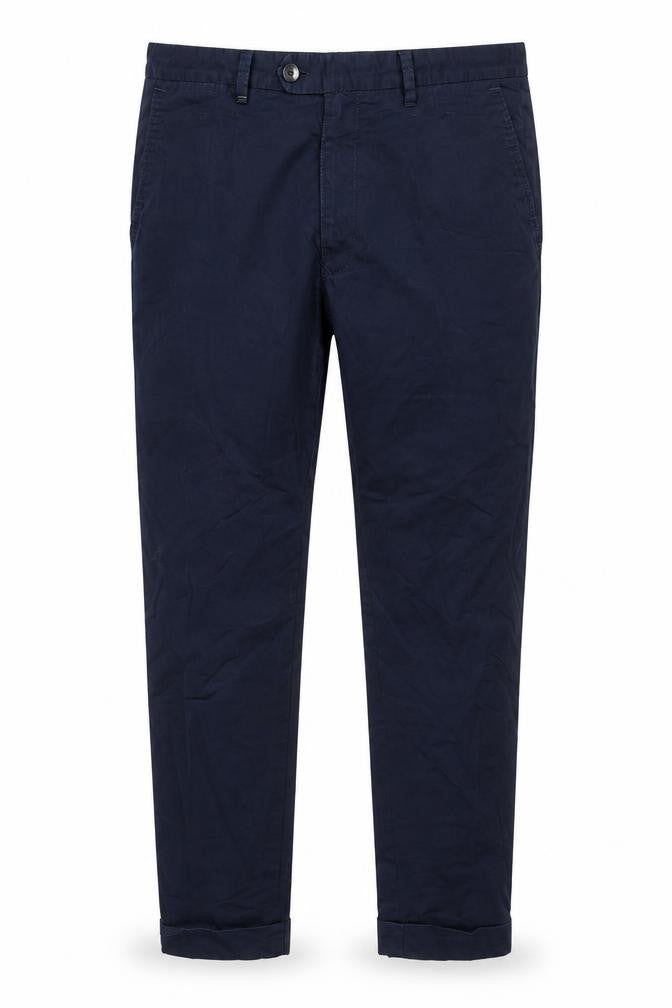 Front view of Gutteridge Men's Navy Blue Chino Trousers, size 36, Regular Cotton