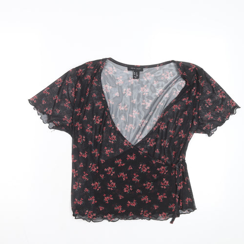 New Look Women's Black Floral Mesh Wrap Blouse Size 14