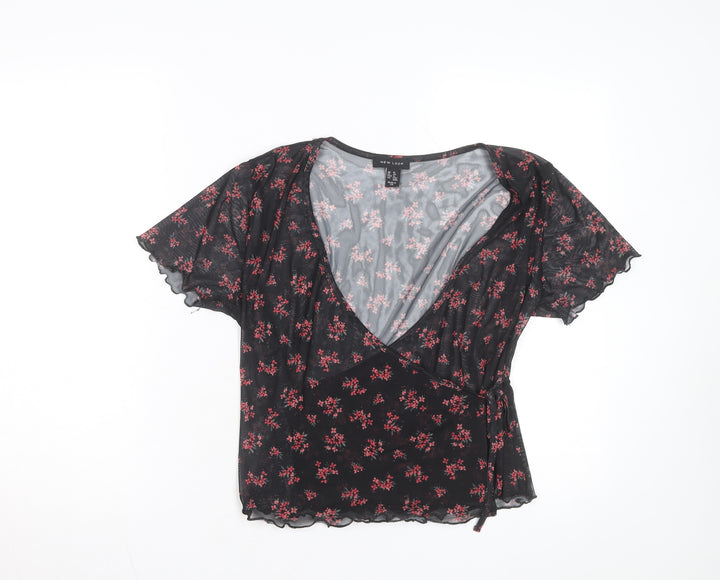 New Look Women's Black Floral Mesh Wrap Blouse Size 14