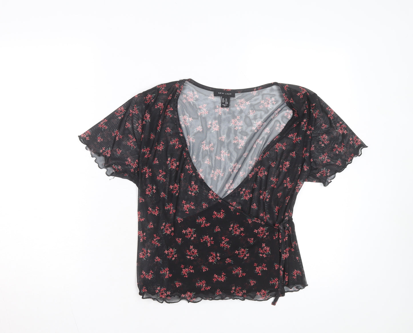 New Look Women's Black Floral Mesh Wrap Blouse Size 14