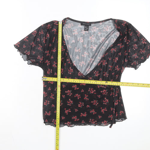 New Look Women's Black Floral Mesh Wrap Blouse Size 14