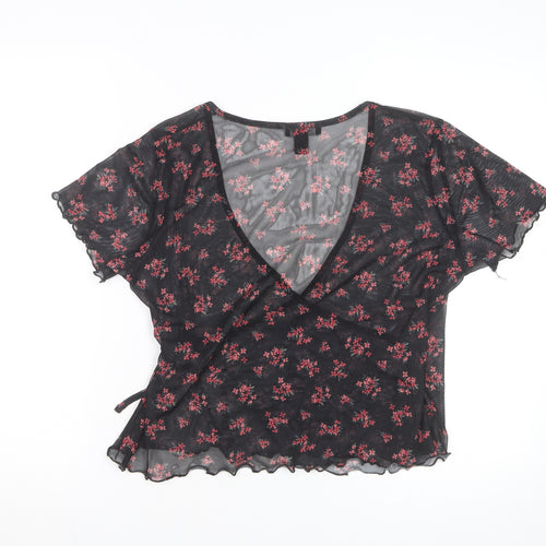 New Look Women's Black Floral Mesh Wrap Blouse Size 14
